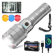 Load image into Gallery viewer, TECBOTT Rechargeable Flashlights 10000 High Lumens Super Bright LED Flashlight High Powered Tactical Flashlight Zoomable 3 Modes IPX6 Waterproof Handheld Flash Light for Camping Outdoor Emergencies, Silver_1
