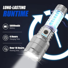 Load image into Gallery viewer, TECBOTT Rechargeable Flashlights 10000 High Lumens Super Bright LED Flashlight High Powered Tactical Flashlight Zoomable 3 Modes IPX6 Waterproof Handheld Flash Light for Camping Outdoor Emergencies, Silver_1044
