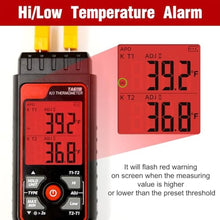 Load image into Gallery viewer, Thermocouple Thermometer Digital K/J Type Temperature Thermometer w/ 4 K-Type Thermocouples, Dual-Channel HVAC Temperature Meter -328~2501 Measuring Range with Backlit LCD, Alarm &amp; ADJ Compensation_24
