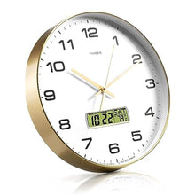 Load image into Gallery viewer, TIMESS Wall Clock, 14" Large Dial Non-Ticking Silent Battery Operated Analog with LCD Display for Perpetual Calendar and F Temperature, Ideal Modern Home, Bedroom, Office Decor (Gold)_418
