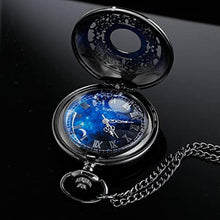 Load image into Gallery viewer, Tiong Exquise Starry Blue Hollow Case Quartz Pocket Watch Roman Numerals Retro Watches Souvenir Men Women Gift, blackblue_8550
