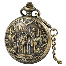 Load image into Gallery viewer, Tiong Pocket Watch Engraved Cowboy Arabic Numerals Quartz with Chain Gifts, bronze_1
