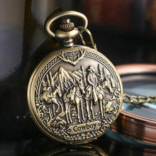 Load image into Gallery viewer, Tiong Pocket Watch Engraved Cowboy Arabic Numerals Quartz with Chain Gifts, bronze_7830

