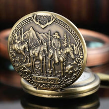 Load image into Gallery viewer, Tiong Pocket Watch Engraved Cowboy Arabic Numerals Quartz with Chain Gifts, bronze_7832
