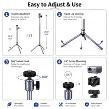 Load image into Gallery viewer, Tonalee Projector Stand Tripod Adjustable Mount: Portable 360 Rotatable Universal Height 24" to 36" for Projectors Cameras Webcams Suitable for Home Office and Outdoor Scenarios, silvergray_401
