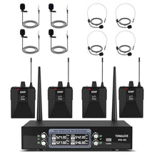 Load image into Gallery viewer, TONALUXE 4 Channel Wireless Lapel Microphone System with 4 Headset Mics, 4 Lavalier Mics, UHF Metal Receiver, 4 Bodypacks, Independent Volume Control, 262ft Range for Home, Classroom, Church, Events, Black_1

