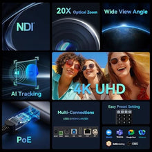 Load image into Gallery viewer, TONGVEO 4K NDI PTZ Camera AI Auto-Tracking 20X Optical Zoom HDMI IP Live Streaming SDI USB3.0 PoE LAN Supports for Church Worship Event Video Conference YouTube OBS vMix Zoom Teams and More, Midnight_178
