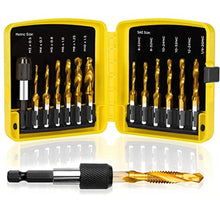 Load image into Gallery viewer, TOPEC Tap Bit Set, 3-in-1 HSS Titanium Coated Combination Drill and Tap Set for Drilling, Tapping and Countersinking, SAE/Metric Threading Drill bit Kit with Quick-Change Adapter, 13-Piece_1
