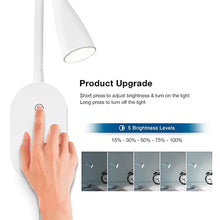 Load image into Gallery viewer, TOPMB Wall Mount Reading Light, Focused Book Light for Reading in Bed, 5 Dimming, USB Output, 4 Hours Auto Off, Touch Control, Flexible Gooseneck Headboard Reading Lamp, Easy to Install White, WhiteKPack_7148
