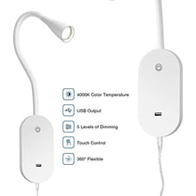 Load image into Gallery viewer, TOPMB Wall Mount Reading Light, Focused Book Light for Reading in Bed, 5 Dimming, USB Output, 4 Hours Auto Off, Touch Control, Flexible Gooseneck Headboard Reading Lamp, Easy to Install White, WhiteKPack_7150
