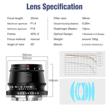 Load image into Gallery viewer, TTArtisan 35mm F1.4 APS-C Manual Focus Lens for Canon M Mount Camera Accessory Compatible Like M1 M2 M3 M6 M6II M10 M50 M50II M100 M200 (EF-M Mount), Black_504
