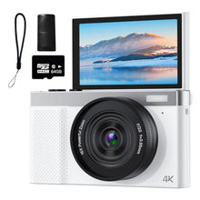 Load image into Gallery viewer, TZZPL 4K Digital Camera, 64MP Vlogging Camera for Photography with 3" 180 Flip Screen, 16X Digital Zoom Point and Shoot Camara with 64GB Micro SD Card for Beginner (White)_1
