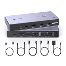 Load image into Gallery viewer, UGREEN 8K@60Hz HDMI KVM Switch with 4 USB 3.0 Ports (3 USB-A + 1 USB-C) for 2 Computers Share 1 Monitor Keyboard Mouse Hard Drives Printer with 2 HDMI Cables, 2 USB Cables and Controller, Grey_1
