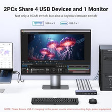 Load image into Gallery viewer, UGREEN 8K@60Hz HDMI KVM Switch with 4 USB 3.0 Ports (3 USB-A + 1 USB-C) for 2 Computers Share 1 Monitor Keyboard Mouse Hard Drives Printer with 2 HDMI Cables, 2 USB Cables and Controller, Grey_948
