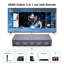 Load image into Gallery viewer, UGREEN HDMI Switch 5 in 1 Out 4K@60Hz, HDMI Splitter with Remote 5 Port Switcher Selector Box Support 3D CEC HDR HDCP2.2 Compatible with PS5/4/3 Xbox Nintendo Switch Roku TV Fire Stick Grey_7544
