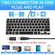 Load image into Gallery viewer, Ultra-Slim 78keys USB Mini Wired Keyboard with Media Hotkeys for Apple Mac Pro, MacBook 56Pro/ iMac, Air, Mac mini, Laptop Computers, Windows PC 11/10/8/7, with USB-A to C OTG Adapter, Silver Black, SilverBlack_7440
