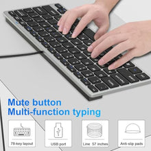 Load image into Gallery viewer, Ultra-Slim 78keys USB Mini Wired Keyboard with Media Hotkeys for Apple Mac Pro, MacBook 56Pro/ iMac, Air, Mac mini, Laptop Computers, Windows PC 11/10/8/7, with USB-A to C OTG Adapter, Silver Black, SilverBlack_7443
