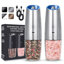 Load image into Gallery viewer, UNNEES Rechargeable Electric Salt and Pepper Grinder set of 2, gravity electric salt and pepper grinder set, Adjustable Roughness, LED Light, 2 Pack, (Silver)_1
