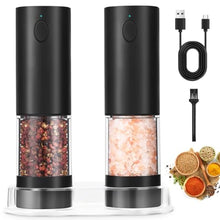 Load image into Gallery viewer, [Upgraded Larger Capacity] Rechargeable Electric Salt and Pepper Grinder Set with Storage Base, ABS Pepper Mills with White LED Lights &amp; Adjustable Coarseness, Black (2 Pack)_1
