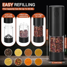 Load image into Gallery viewer, [Upgraded Larger Capacity] Rechargeable Electric Salt and Pepper Grinder Set with Storage Base, ABS Pepper Mills with White LED Lights &amp; Adjustable Coarseness, Black (2 Pack)_1164
