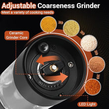 Load image into Gallery viewer, [Upgraded Larger Capacity] Rechargeable Electric Salt and Pepper Grinder Set with Storage Base, ABS Pepper Mills with White LED Lights &amp; Adjustable Coarseness, Black (2 Pack)_1165
