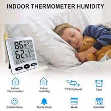 Load image into Gallery viewer, Urageuxy Hygrometer Thermometer Room Temperature Humidity Meter with Large Display, Min/Max Records, Alarm Clock, Time for Home, Greenhouse, Baby Room, Office, Cellar, SilverBlack_5926
