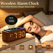 Load image into Gallery viewer, URAYCO Wood Digital Alarm Clock with 10W Fast Wireless Charger, USB Charging Ports, DST, Dimmable, Snooze, Large Number LED Display for Bedrooms, Desk, Living Room Table, Bedside, Nightstand (Brown)_6954
