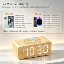 Load image into Gallery viewer, URAYCO Wood Digital Alarm Clock with 10W Fast Wireless Charger, USB Charging Ports, DST, Dimmable, Snooze, Large Number LED Display for Bedrooms, Desk, Living Room Table, Bedside, Nightstand (Bamboo)_6937
