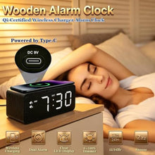 Load image into Gallery viewer, URAYCO Wood Digital Alarm Clock with 10W Fast Wireless Charger, USB Charging Ports, DST, Dimmable, Snooze, Large Number LED Display for Bedrooms, Desk, Living Room Table, Bedside, Nightstand (Black)_6831

