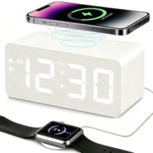 Load image into Gallery viewer, URAYCO Wooden Digital Alarm Clock, 10W Fast Wireless Charger Station &amp; 2 USB Charging Ports, with 0~99% Dimmer, Dual Alarm, Weekday/Weekend Mode, Wood LED Clock for Bedroom, Desk, Office, White_1
