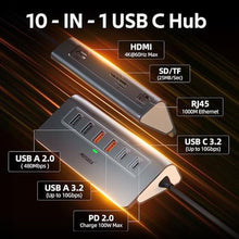 Load image into Gallery viewer, USB C Hub Ethernet,10-in-1 USB C Docking Station with 4K@60Hz HDMI,1Gbps Ethernet, PD 100W,Type C &amp; 2 USB A 3.2 10Gbps, 2 USB A 2.0, SD/TF, Aluminum USB Hub for Laptop,PC, iPhone 17/16,Mac_1635
