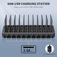 Load image into Gallery viewer, USB Charging Station for Multiple Devices, 10 Port 60W Multiple USB Charger Station with Adjustable Dividers, Fast Charging Station Hub for Hotels, Shops, Schools, Shopping Malls and Travel, Black_1239

