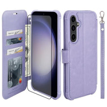 Load image into Gallery viewer, VANAVAGY Wallet Case Compatible for Galaxy S23 FE for Women Men,RFID Flip Leather Cover with Wrist Supports Wireless Charging with Card Holder and Glass Screen Protector,Clove Purple, ClovePurple_1
