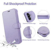 Load image into Gallery viewer, VANAVAGY Wallet Case Compatible for Galaxy S23 FE for Women Men,RFID Flip Leather Cover with Wrist Supports Wireless Charging with Card Holder and Glass Screen Protector,Clove Purple, ClovePurple_7417
