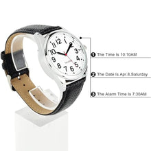Load image into Gallery viewer, ViLoSa English Talking Watch Speaks The Time, Date or Alarm time for Elderly, Impaired Sight or Blind. White Face-Black Numbers with Stainless Expand Strap_320
