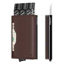 Load image into Gallery viewer, VULKIT Slim Pop up Wallet for Women Minimalist Credit Card Holder with Leather Slots Men's Bifold RFID Blocking Metal Wallets (Dark Brown), DarkBrown_1
