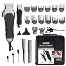 Load image into Gallery viewer, Wahl Clipper USA Deluxe Corded Chrome Pro, Complete Hair and Trimming Kit, Includes Corded Clipper, Cordless Battery Trimmer, and Styling Shears, for a Cut Every Time - Model 3029682, BlackSilver_1
