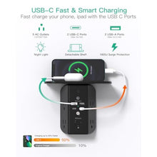 Load image into Gallery viewer, Wall Outlet Extender with Shelf and Night Light, Surge Protector, USB Wall Charger with 5 AC Outlets and 2 USB A Ports 2 USB C Ports Wide Space 3-Sided Power Strip Multi Plug Outlets, Black_7332
