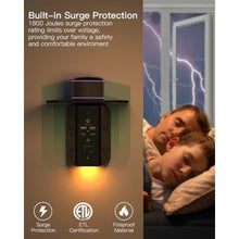 Load image into Gallery viewer, Wall Outlet Extender with Shelf and Night Light, Surge Protector, USB Wall Charger with 5 AC Outlets and 2 USB A Ports 2 USB C Ports Wide Space 3-Sided Power Strip Multi Plug Outlets, Black_7334
