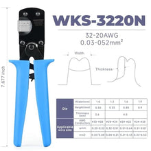 Load image into Gallery viewer, WEKESIGO Micro Connector Pin Crimping Tool 0.03-0.52mm /32-20AWG Ratcheting Crimper for Molex,JST,JAE open barrel terminals(WKS-3220N), Blue_7598
