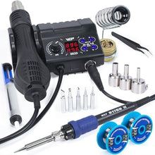 Load image into Gallery viewer, WEP 882D Soldering Iron Station 2-IN-1 SMD Hot Air Rework Station with 2 Spools of Solder Wire, 5 Soldering Tips, 3 Hot Air Nozzles, Brass Wool Tip Cleaner, Tweezers, Desoldering pump_1
