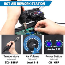 Load image into Gallery viewer, WEP 882D Soldering Iron Station 2-IN-1 SMD Hot Air Rework Station with 2 Spools of Solder Wire, 5 Soldering Tips, 3 Hot Air Nozzles, Brass Wool Tip Cleaner, Tweezers, Desoldering pump_843
