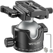 Load image into Gallery viewer, WEYLLAN EH46L Lever Ball Head with Stainless Steel Lock Pin, 46mm Low Profile Heavy Duty Tripod Ball Head Mount with Arca Swiss Quick Release Plate for Tripod Monopod DSLR Camera Camcorder Telescope, Silver_1

