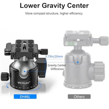 Load image into Gallery viewer, WEYLLAN EH46L Lever Ball Head with Stainless Steel Lock Pin, 46mm Low Profile Heavy Duty Tripod Ball Head Mount with Arca Swiss Quick Release Plate for Tripod Monopod DSLR Camera Camcorder Telescope, Silver_5005
