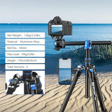 Load image into Gallery viewer, WEYLLAN TP6 Tripod for Camera, 67'' Aluminum Horizontal Overhead Tripod &amp; Monopod 2in1 with 36mm Ball Head, Phone Mount, Remote Control, Magic Arm for DSLR Camera Camcorder iPhone, Max Load 22lbs/10kg, Blue_4991
