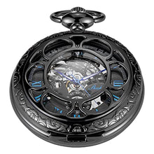 Load image into Gallery viewer, Whodoit Mechanical Pocket Watch Antique Roman Numerals Men's Pocket Watch, Black Skeleton Pocket Watch with Chain for Men, MW_1
