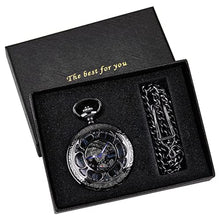 Load image into Gallery viewer, Whodoit Mechanical Pocket Watch Antique Roman Numerals Men's Pocket Watch, Black Skeleton Pocket Watch with Chain for Men, MW_7694
