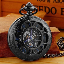 Load image into Gallery viewer, Whodoit Mechanical Pocket Watch Antique Roman Numerals Men's Pocket Watch, Black Skeleton Pocket Watch with Chain for Men, MW_7696
