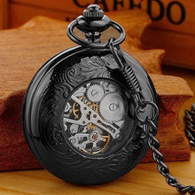 Load image into Gallery viewer, Whodoit Mechanical Pocket Watch Antique Roman Numerals Men's Pocket Watch, Black Skeleton Pocket Watch with Chain for Men, MW_7697
