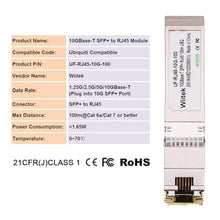 Load image into Gallery viewer, Wiitek 100 Meters, 10Gb SFP+ to RJ45 Modules, 1G/2.5G/5G/10GBase-T Ethernet Copper to SFP+ Transceiver for Ubiquiti UF-RJ45-10G, Plugin 10Gb SFP+ Port, Very Low Power Consumption, ForUbiquiti_4596
